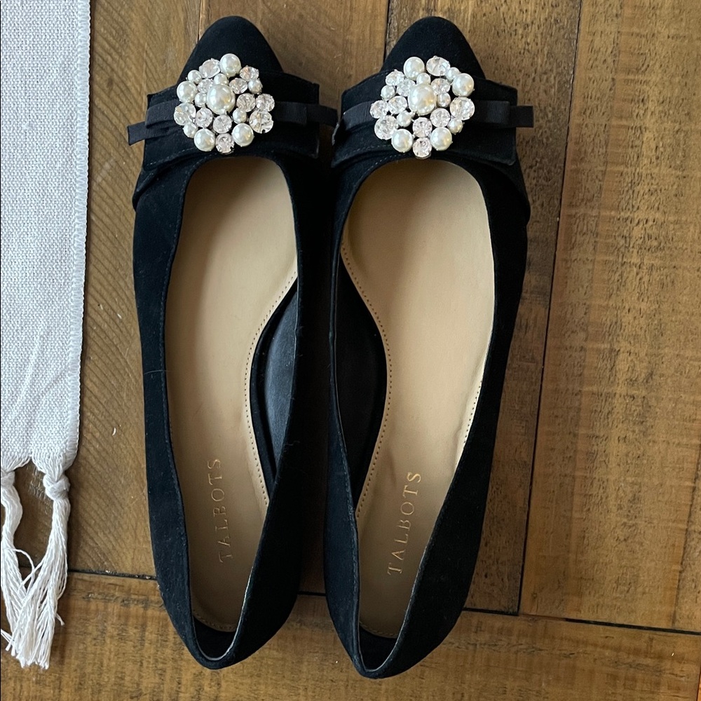 Talbots Black Flats with Crystal & Pearl Embellishment